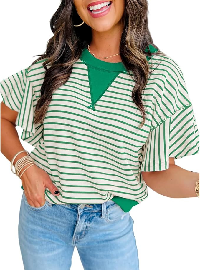 Women's Summer Striped Ruffle Short Sleeve Tops Contrast Colorblock 2026 Round Neck Loose Fit Cut... | Amazon (US)