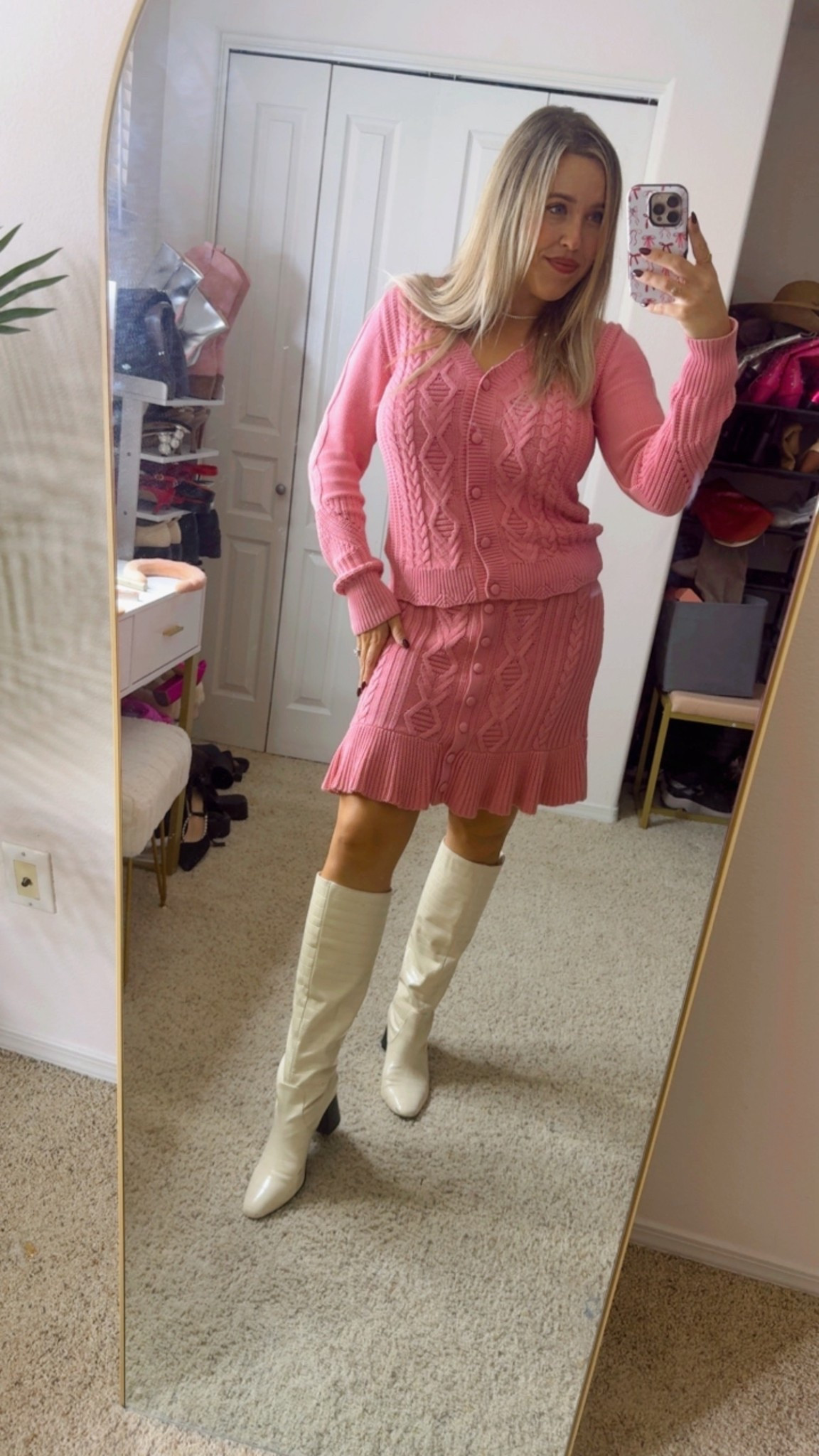 Matching pink sweater set
Pink cardigan
Pink sweater skirt
Sweater outfit
Pink aesthetic 

#LTKU #LTKSeasonal #LTKParties