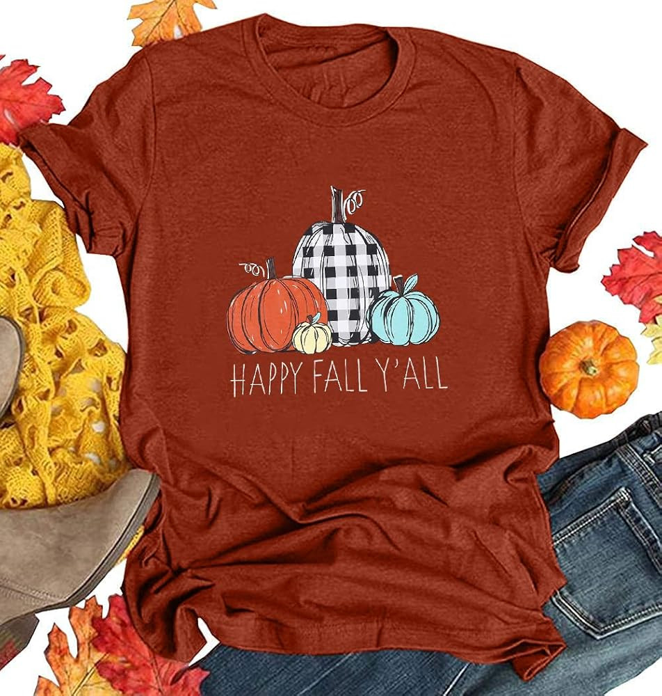 Halloween Happy Fall Y'all Letter T Shirt Women Plaid Pumpkin Graphic Spice Tee Tops | Amazon (US)