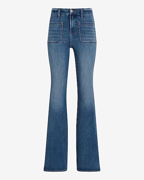 Mid Rise Medium Wash Patch Pocket Flexx 70s Flare Jeans | Express