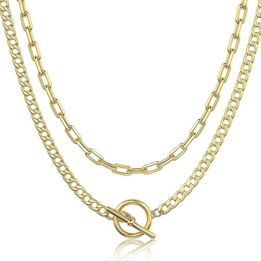 CHESKY Layered Necklaces for Women, 14K Gold Plated Chain Necklace Women Trendy Cuban Link Paperc... | Amazon (US)