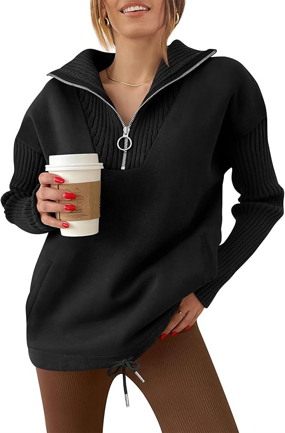 ANRABESS Women's 2023 Fall Sweater Quarter Zip Pullover Collared V Neck Long Sleeve Ribbed Knit C... | Amazon (US)