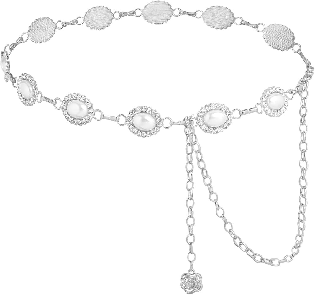 WELROG Metal Waist Chain Belt for Women - Pearls Gold Silver Chain Belts for Dresses Jeans | Amazon (US)
