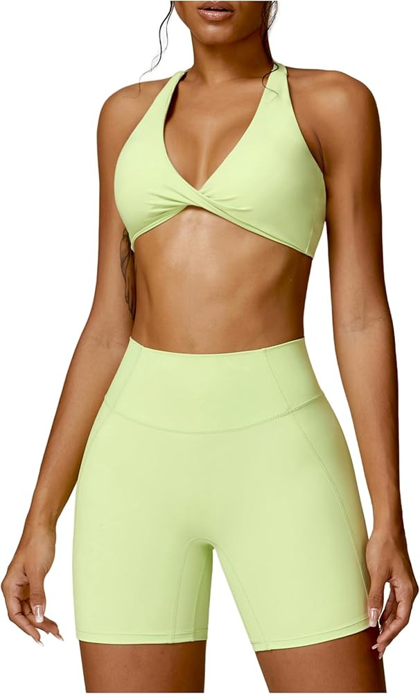 ABOCIW Women's Leopard Print Workout Sets Twist Sports Bras Cross Back Yoga Bra High Waist Booty ... | Amazon (US)