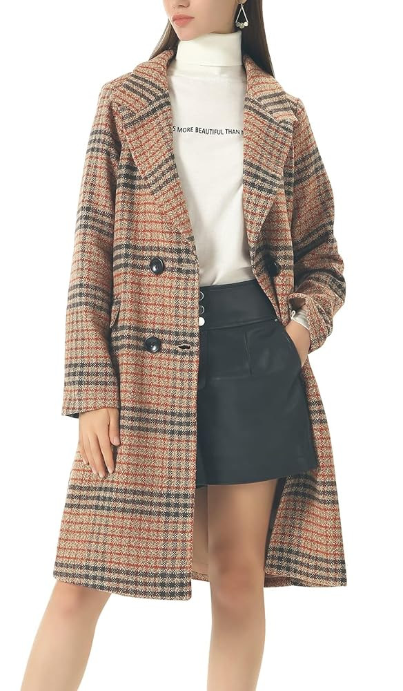 chouyatou Women's Classic Notched Collar Double Breasted Plaid Wool Blend Long Trench Coat | Amazon (US)