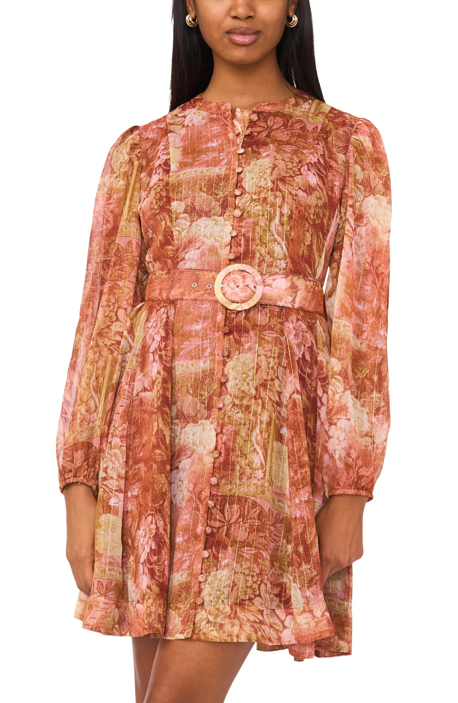 Floral Long Sleeve Belted A-Line Dress | Nordstrom