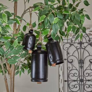Black Metal Tibetan Inspired Cylindrical Decorative Cow Bell with Jute Hanging Rope (3- Pack) | The Home Depot