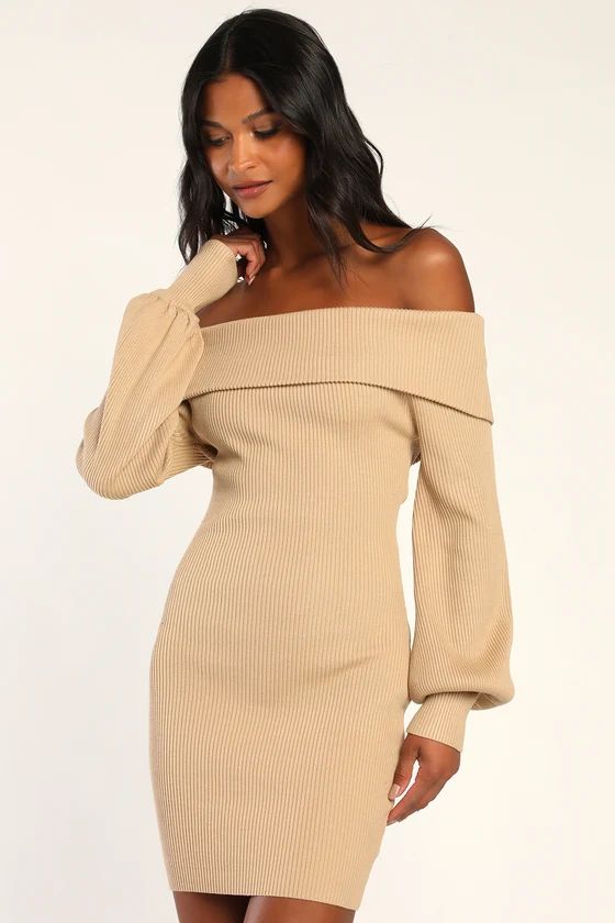 Fashionable Forecast Taupe Off-the-Shoulder Sweater Dress | Lulus (US)