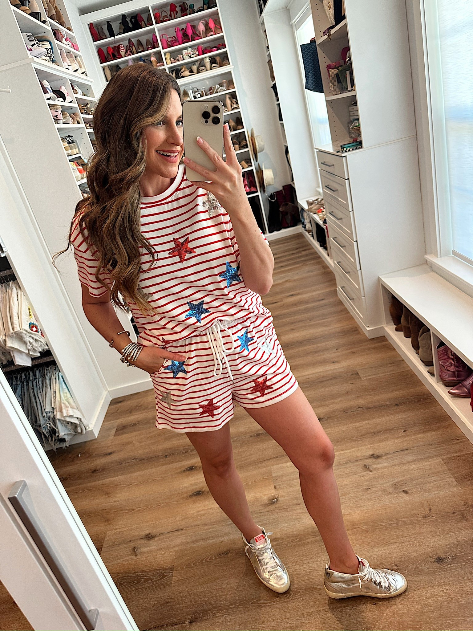 In a medium sequin star stripe 2 piece set, sneakers and accessories for patriotic looks - fits tts.

#LTKStyleTip #LTKFindsUnder50 #LTKSeasonal