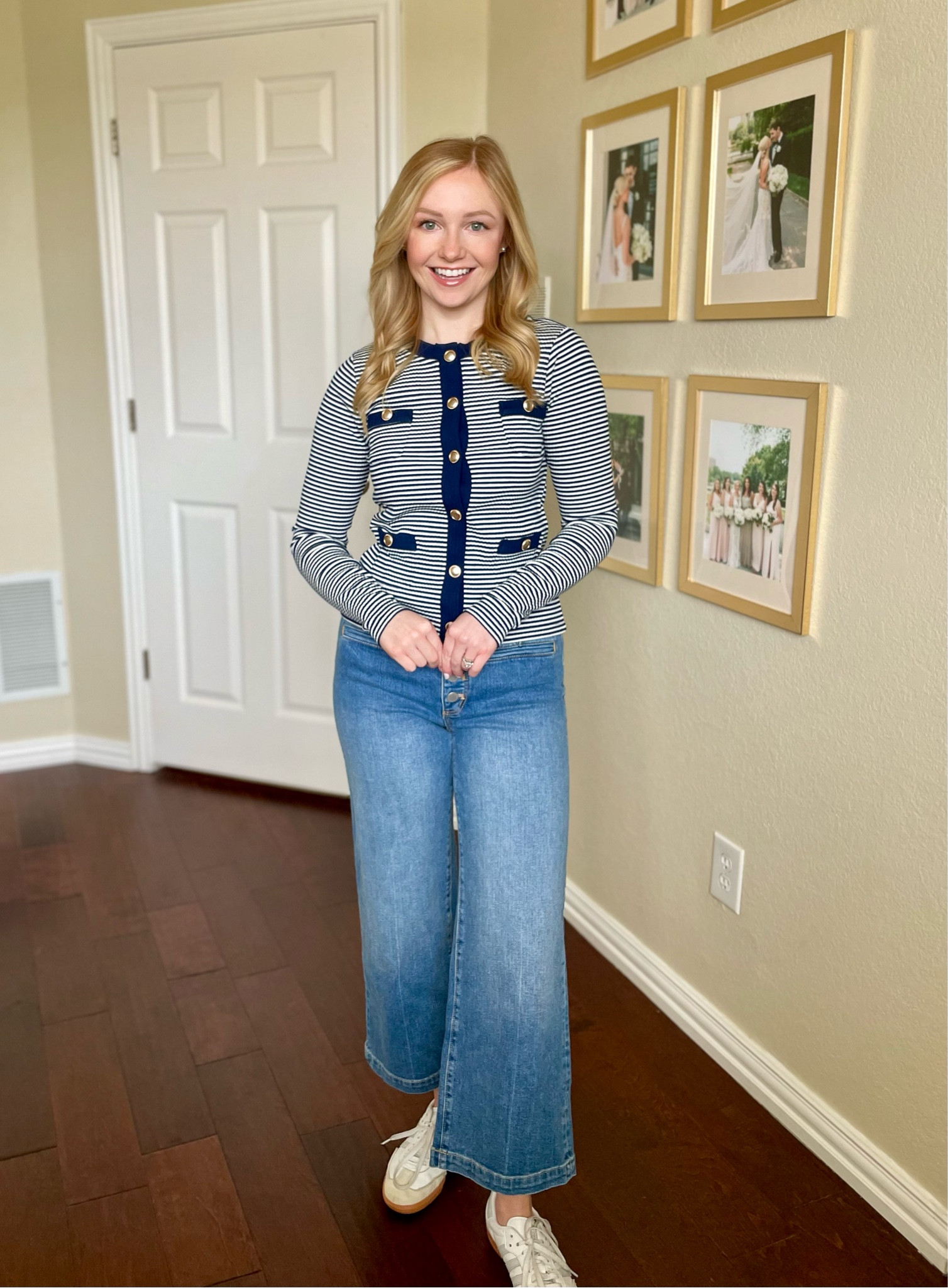 Love this top for spring! The gold buttons make it look so luxe! Wearing an XS and 2P in jeans | spring outfit, spring tops, striped top, wide leg jeans, petite jeans 

#LTKStyleTip #LTKSeasonal #LTKFindsUnder50