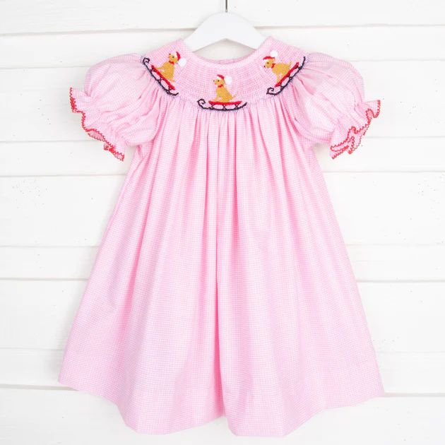 Puppy Sleigh Smocked Dress Pink Check | Classic Whimsy