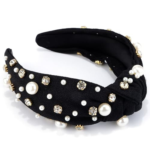 AHONEY Pearl Headband Knotted Headband for Women Girls, Rhinestone Top Knot Crystal Headband Black Jeweled Fashion Headpiece Boho Wide Head Band for Women's Hair | Amazon (US)