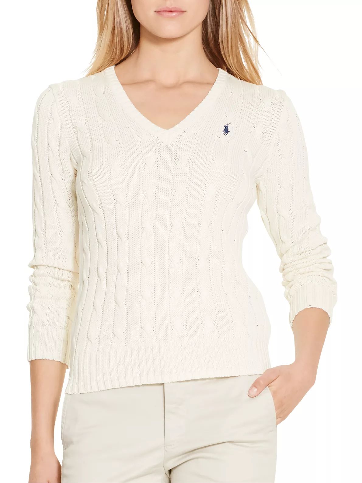 Polo Ralph Lauren V-Neck Cable Knit Jumper, White | John Lewis (UK)