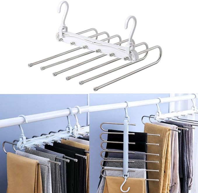 OUEEGER Space Saving Pants Hangers, Foldable 6 Layers Stainless Steel Jeans Organizer for Closet,... | Amazon (US)