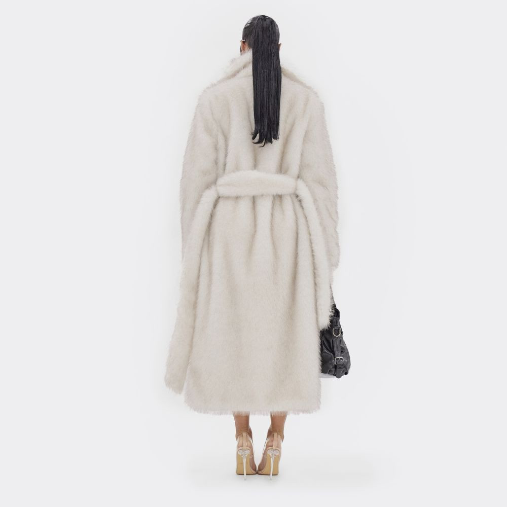 Long Sleeve Tie Waist Detail Collared Maxi Coat In White Faux Fur | EGO (UK)