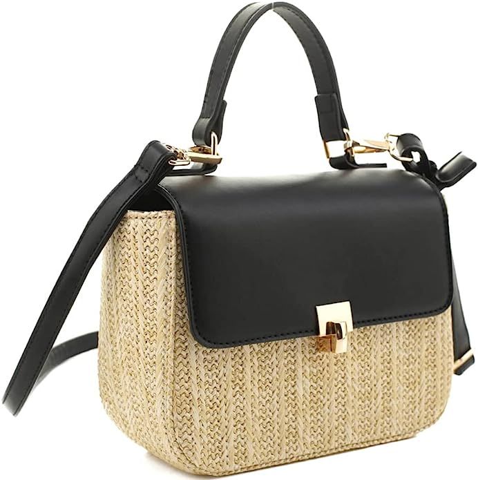 Womens Top-Handle Straw Rattan Structured Small Medium Flap Satchel Purse Crossbody Bag | Amazon (US)