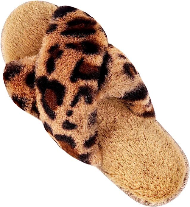 LongBay Women's Fuzzy Faux Fur Cross Band Slide Slippers in Leopard Print | Amazon (US)