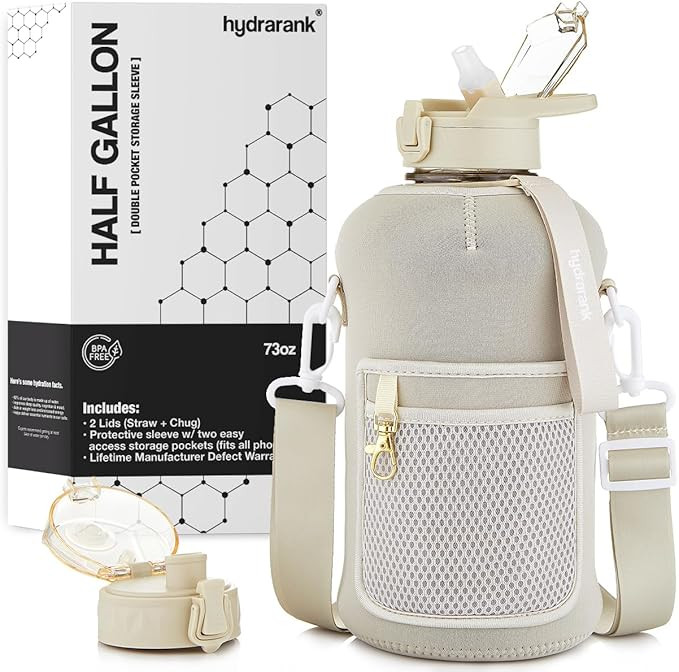 HYDRARANK Half Gallon Water Bottle with Storage Sleeve and Straw Lid - BPA Free Large Gym Water B... | Amazon (US)