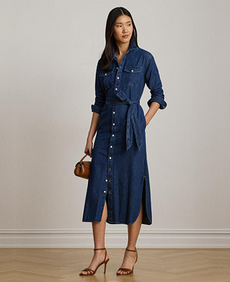Women's Collared Belted Denim Midi Shirt-Dress | Macy's