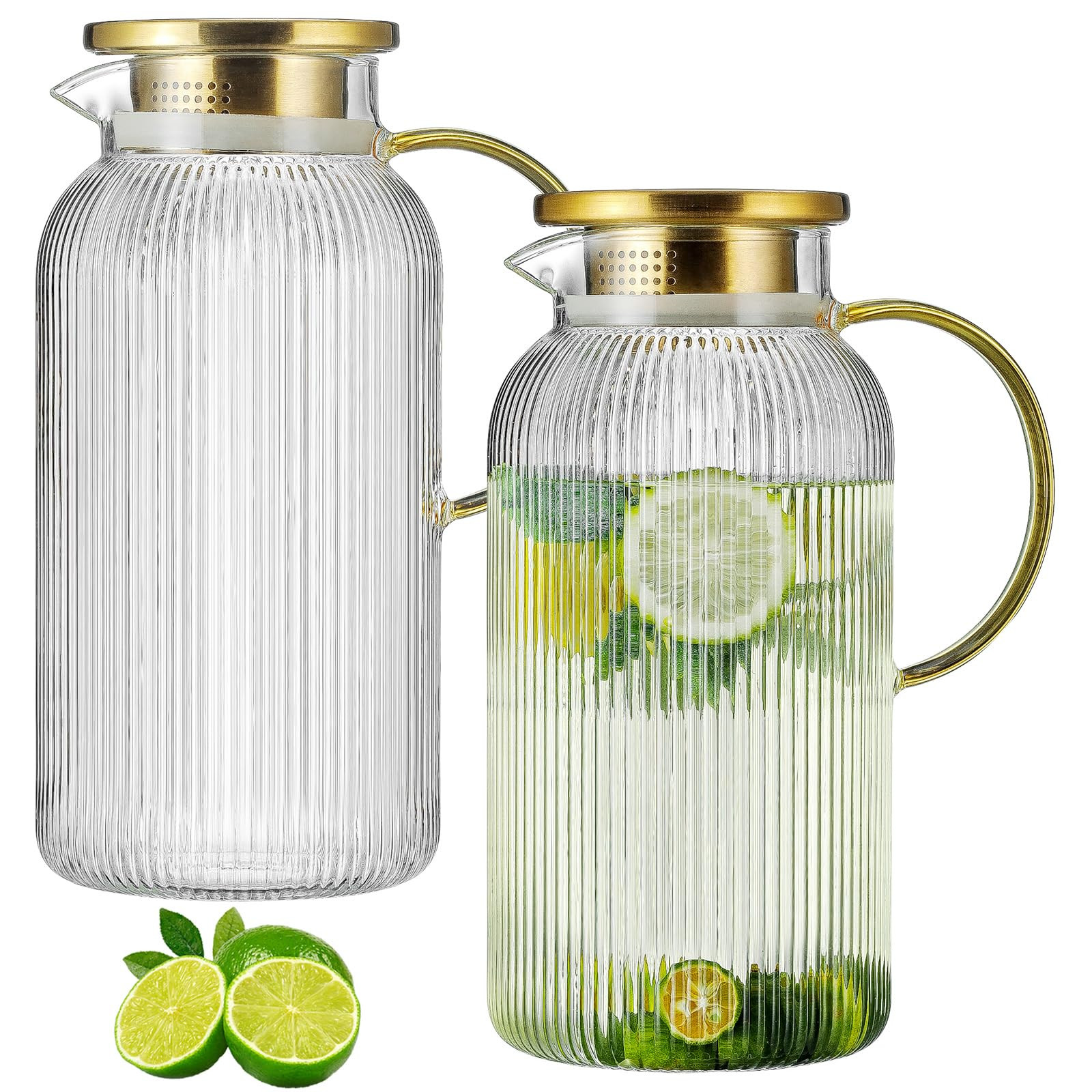 2 PACK Glass Pitcher with Lid, 68 oz/ 2 Liter Classic Vertical Stripes Water Pitcher,Glass Water ... | Amazon (US)