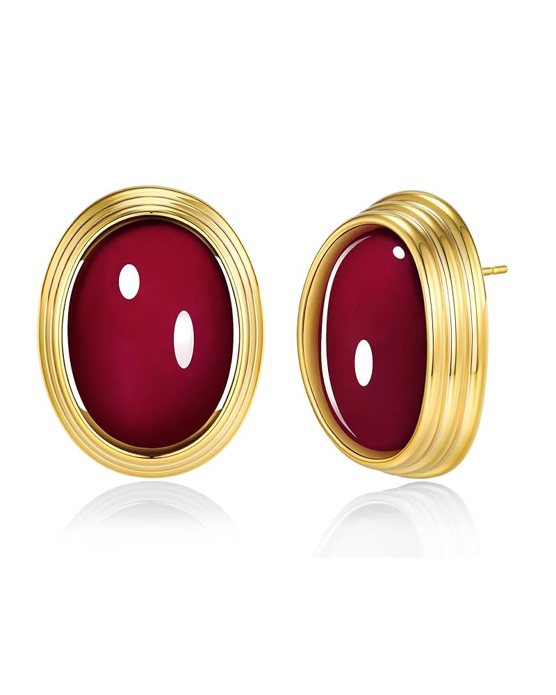 Gold Maroon Red Carnelian Round Oval Ribbed Button Chunky Statement Earrings for Women by SNGIA, ... | Amazon (US)