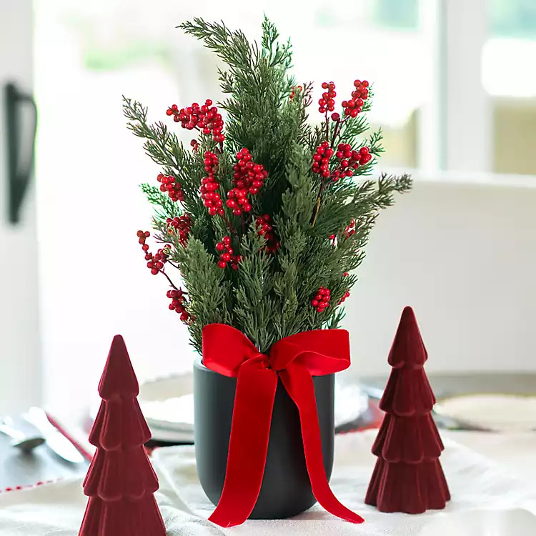 Red Berry Arrangement in Black Pot with Velvet Bow | Kirklands Home | Kirklands