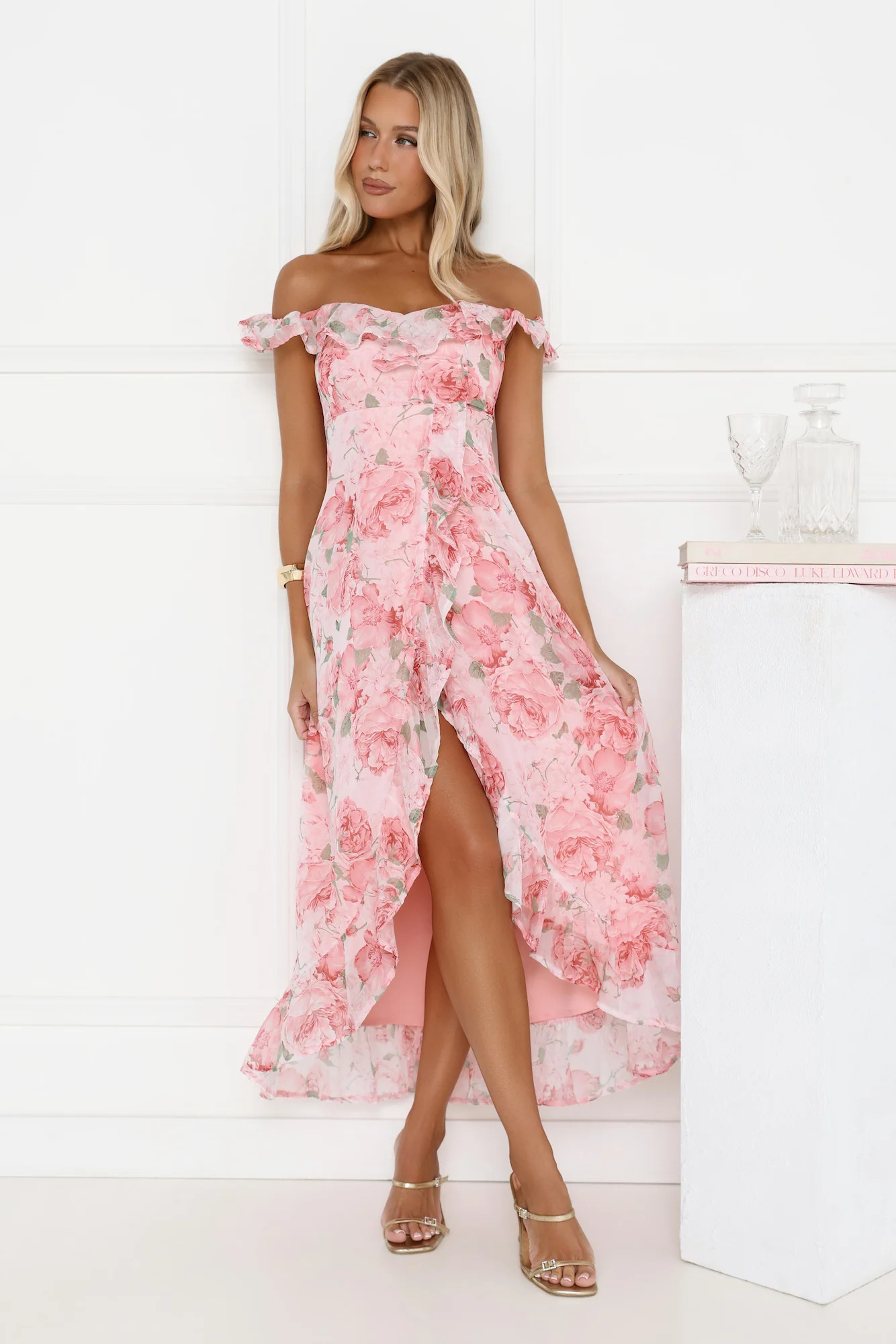 Whispering Blossoms Off Shoulder Maxi Dress Pink | Hello Molly (US)