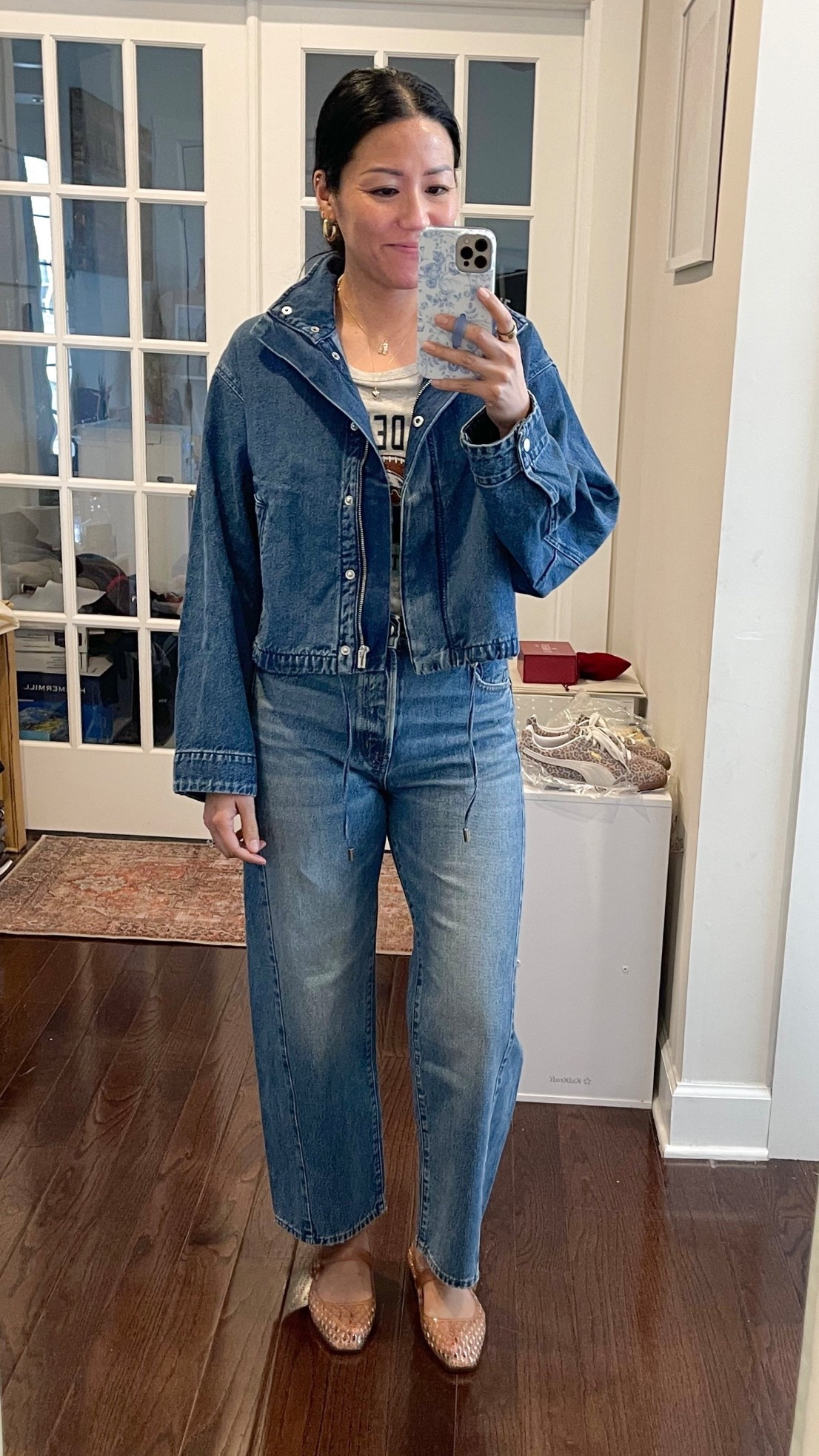 Size small jacket
Size 26 regular jeans 
True size in jelly flats


#LTKOver40 #LTKSaleAlert #LTKSeasonal