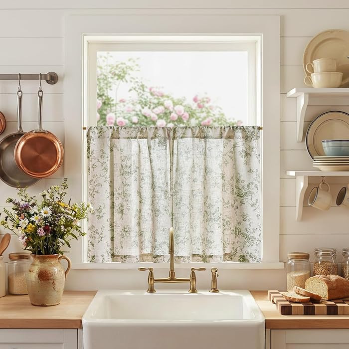jinchan Floral Linen Kitchen Tier Curtains, 30 Inch, 2 Panels, Green | Amazon (US)