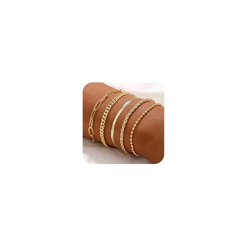 Cuzmly Gold Bracelets for Women, Waterproof 14K Gold Plated Stackable Bracelets for Women Non Tarnish Trendy Dainty Paperclip Herringbone Rope Chain Bracelet Pack Stack Adjustable Jewelry for Women | Amazon (US)