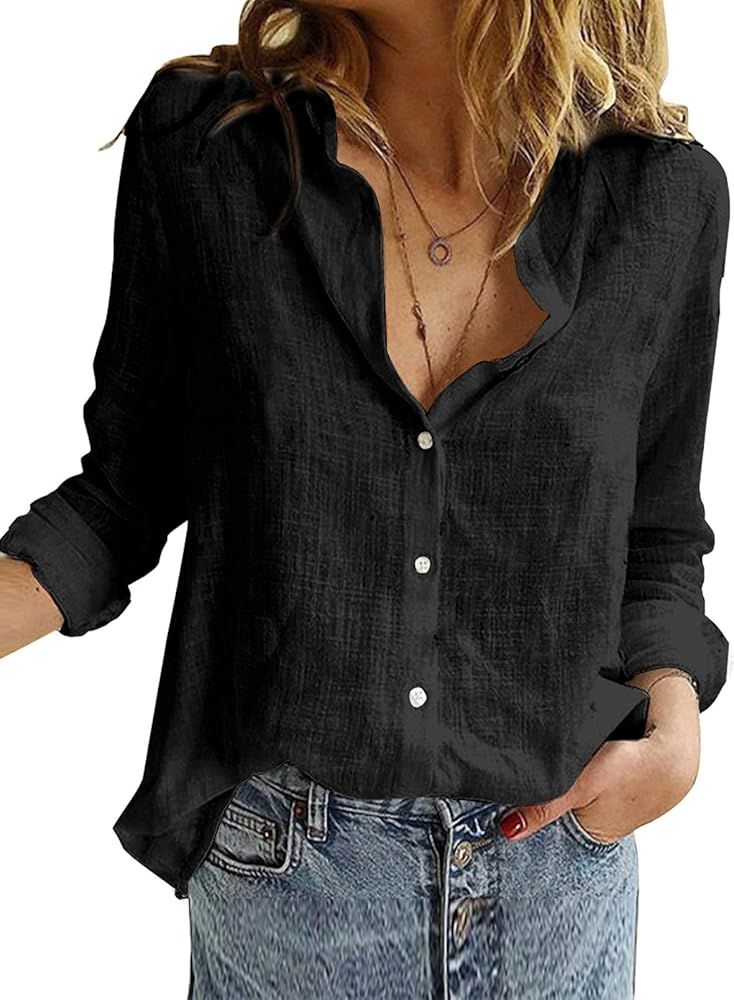 Astylish Women V Neck Roll up Sleeve Button Down Blouses Tops | Amazon (US)