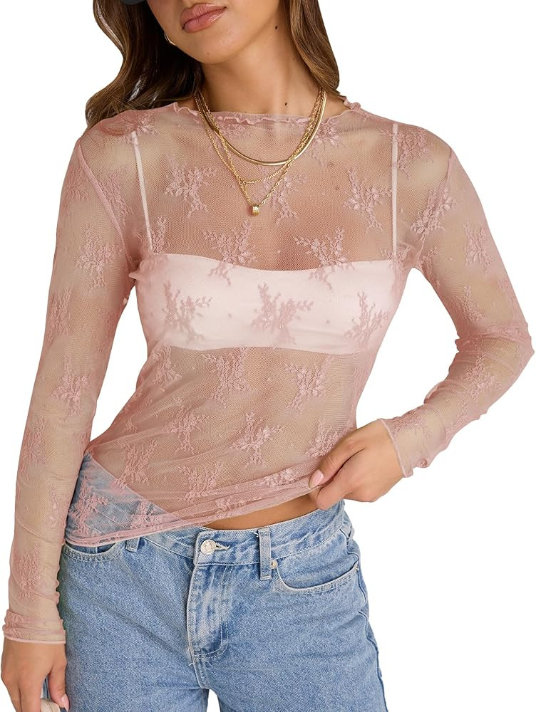 KTILG Womens Mesh Top Long/Cap Sleeve Embroidery Sheer Blouse Sexy See Through Shirt Lace Tops S-... | Amazon (US)