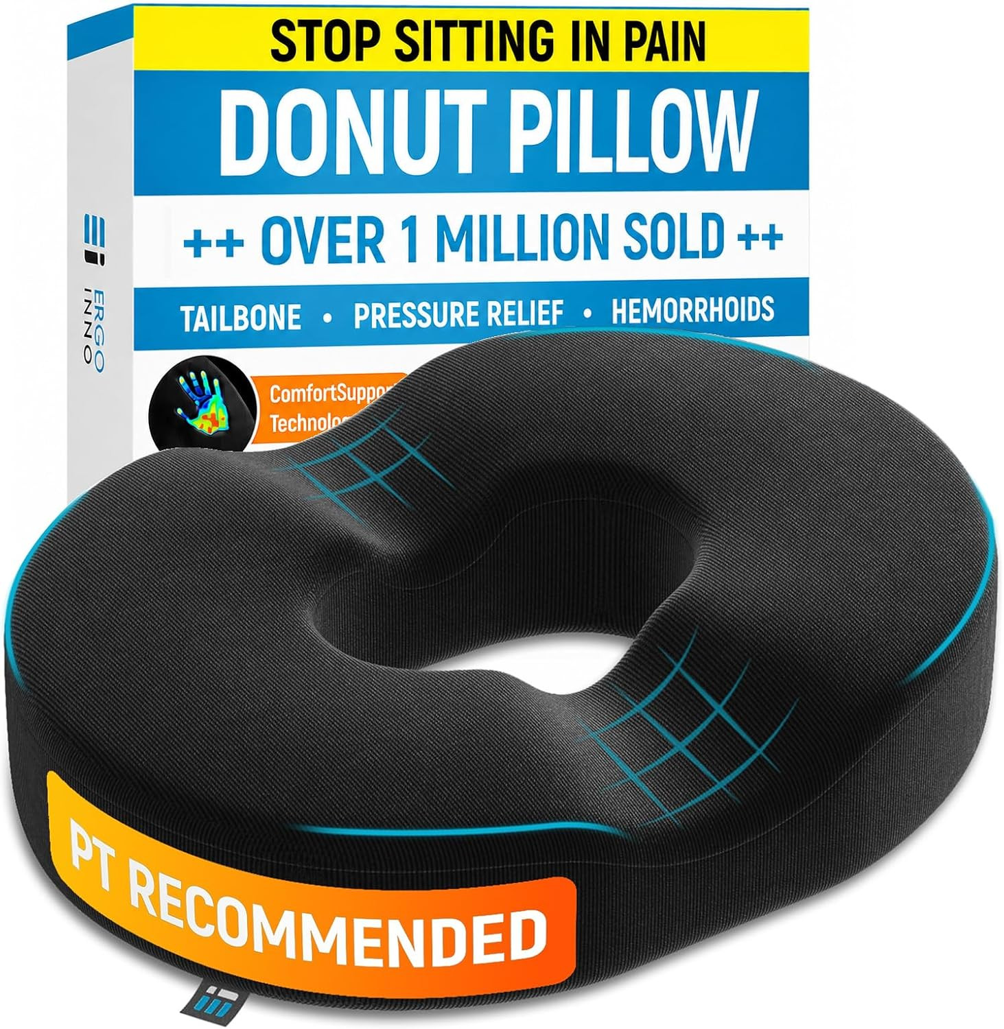 Ergonomic Innovations Donut Pillow - Tailbone Hemorrhoid Cushion, Donut Seat Cushion Pain Relief for Hemorrhoids, Sores, Prostate, Coccyx, Sciatica, Post Natal, Pregnancy, Ischial Bursitis Tuberosity | Amazon (US)