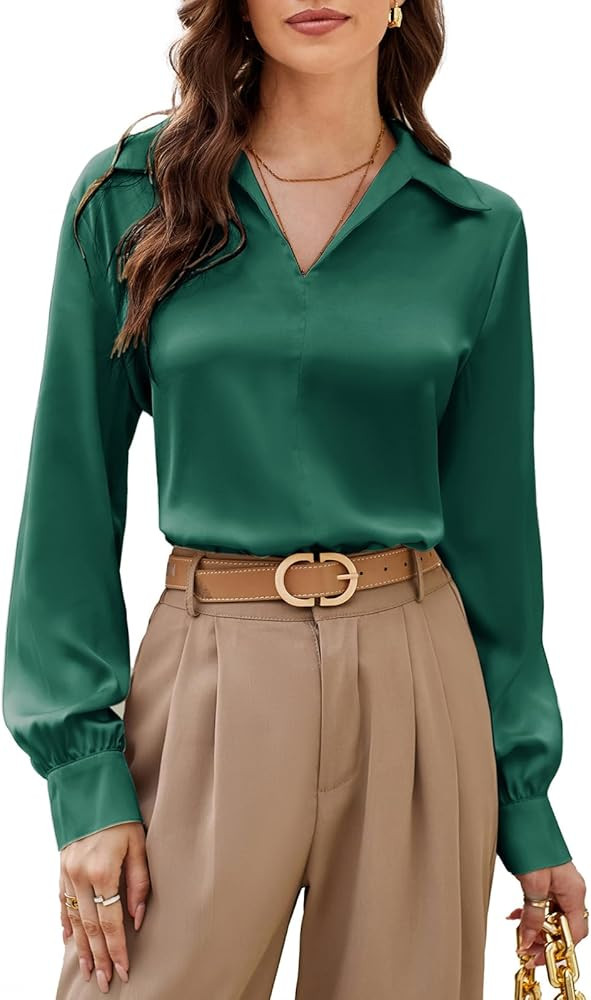 GRACE KARIN Women's Satin Silk Blouse Lapel V Neck Long Sleeve Casual Work Blouse Shirts Pullover... | Amazon (US)