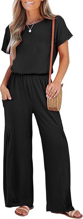 ANRABESS Jumpsuits for Women Short Sleeve Wide Leg Casual Summer One Piece Jumper Rompers 2025 Be... | Amazon (US)