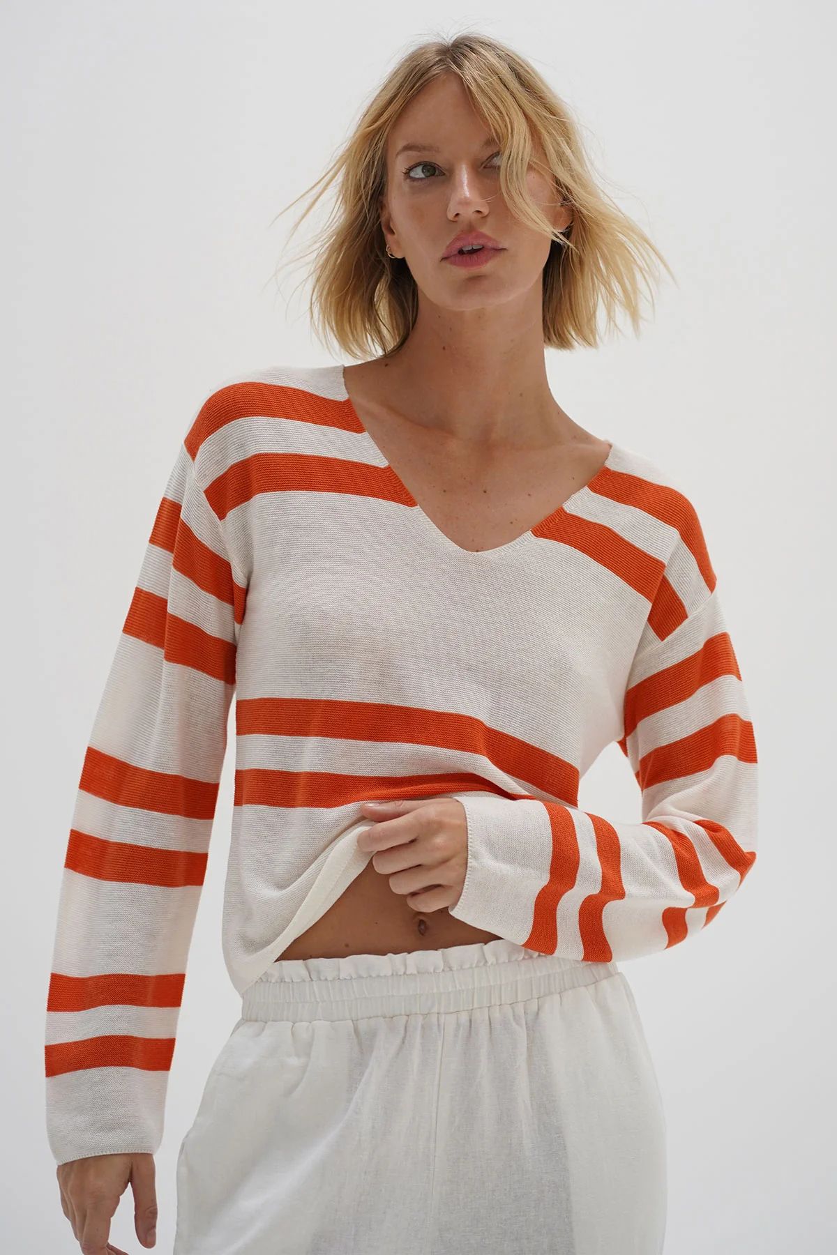 LNA Lucky Sweater in Coral Ivory Stripe | LNA Clothing