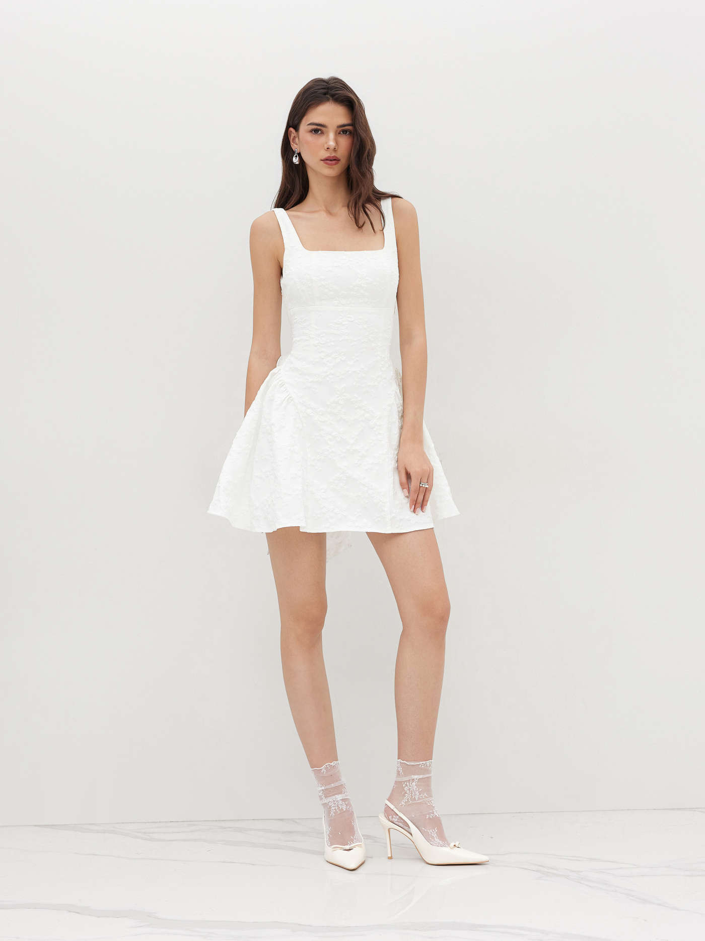 Jacquard U-neckline Floral Backless Bowknot Mini Dress... | Cider