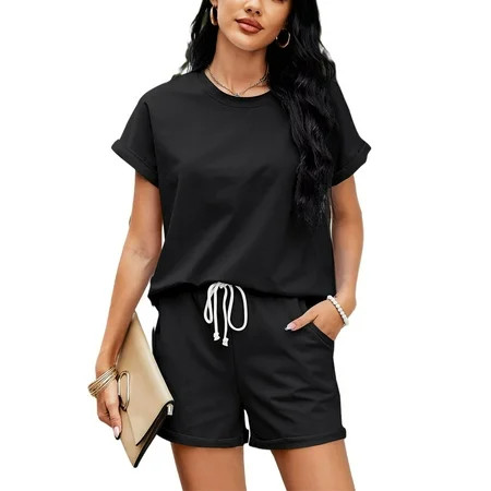 Womens Plain Pajamas Set Lounge Sets Short Sleeve Tops and Shorts 2 Piece Sleepwear Pj Sets | Walmart (US)