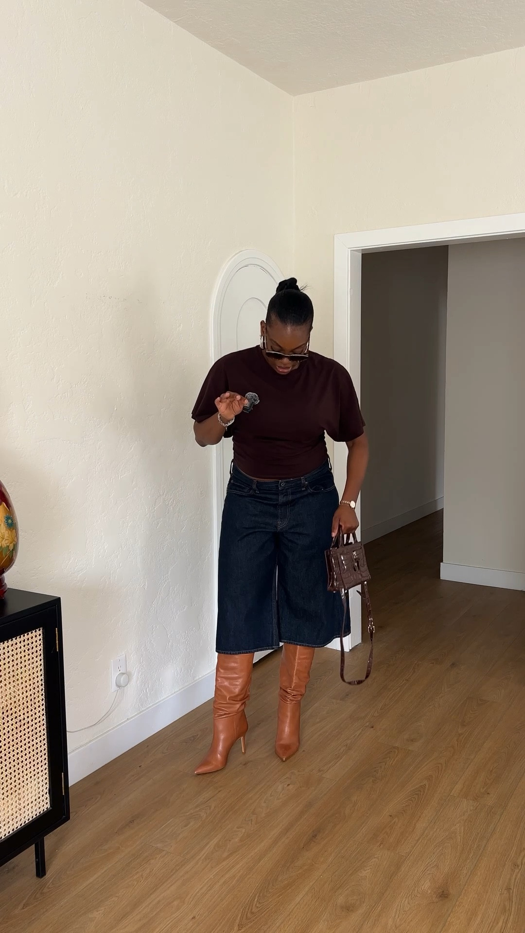 A brown on brown moment. Jean shorts + batwing top

#LTKTall #LTKootd