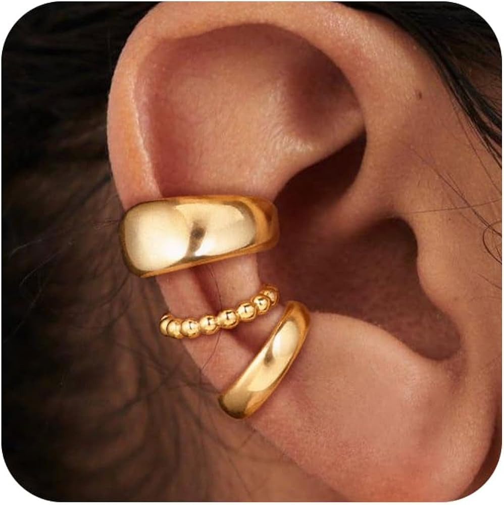 Moodear 3Pcs Chunky/Thin Ear Cuffs Non Piercing for Women - Dainty 14K Gold Plated Cuff Earring T... | Amazon (US)