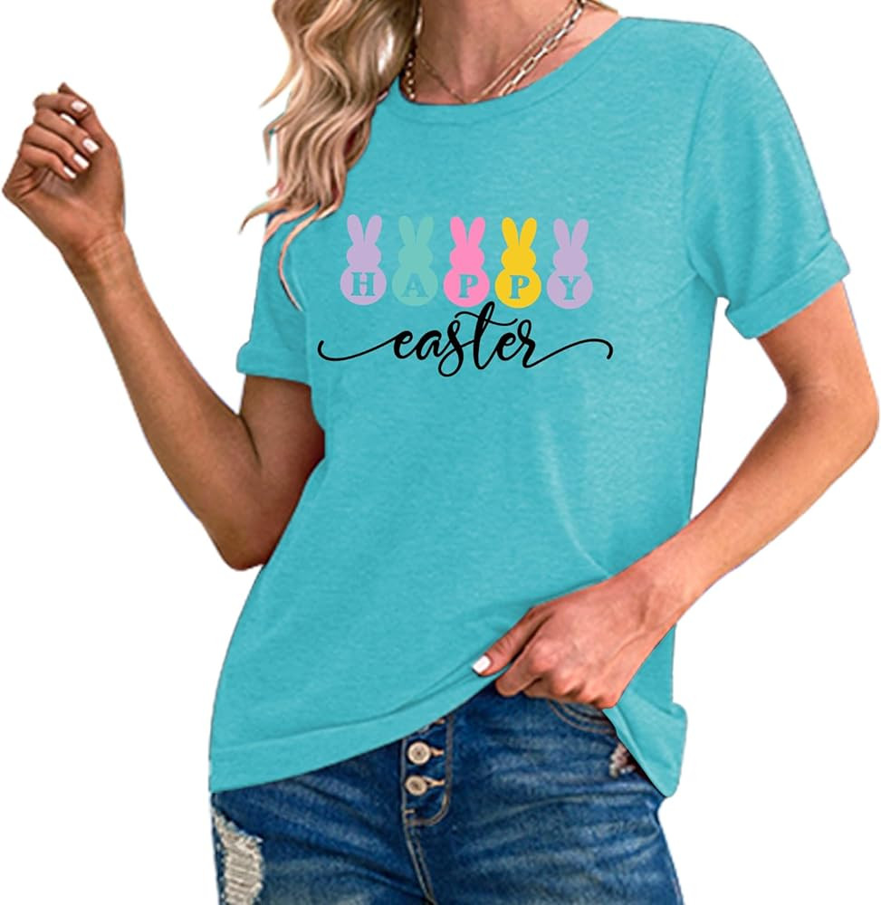 Fawniss Happy Easter Shirts Women Cute Bunny Tshirt Spring Easter Teacher Tee Tops | Amazon (CA)