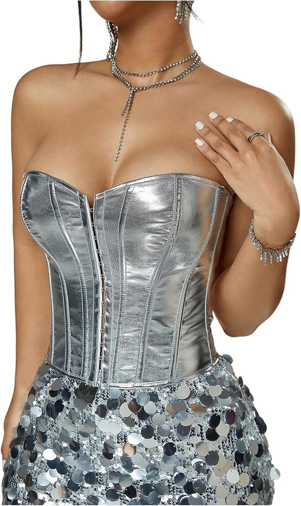 Floerns Women's Y2k Strapless Tube Tops Lace Up Back Corset Metallic Night Out Bandeau | Amazon (US)