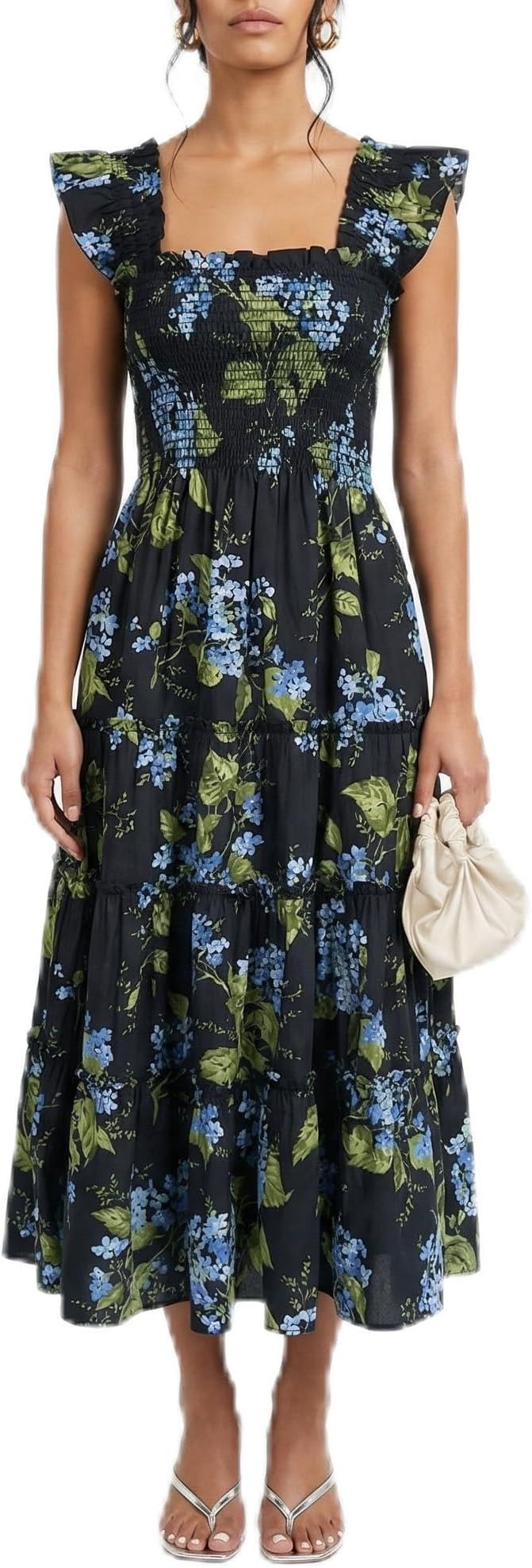 Women’s Floral Smocked Midi Dress with Ruffle Straps, Square Neck Flowy Tiered Sundress | Amazon (US)