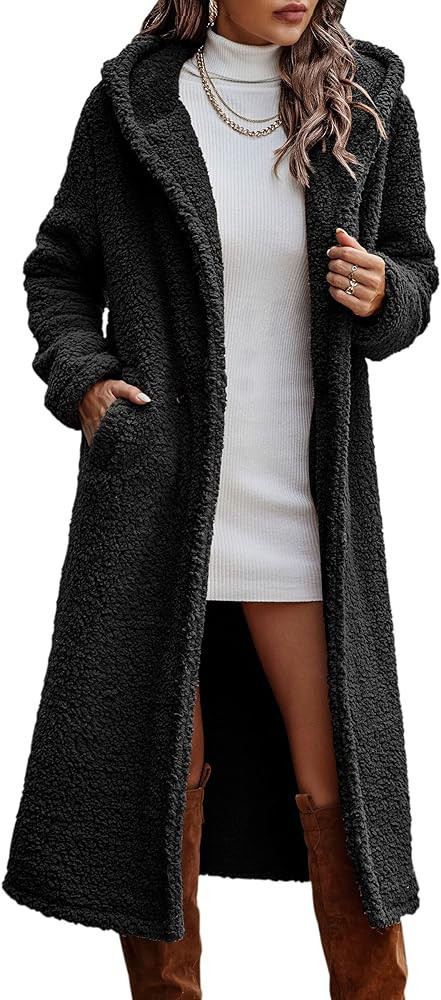 Angashion Women's Fuzzy Fleece Lapel Open Front Long Cardigan Coat Faux Fur Warm Winter Outwear J... | Amazon (US)