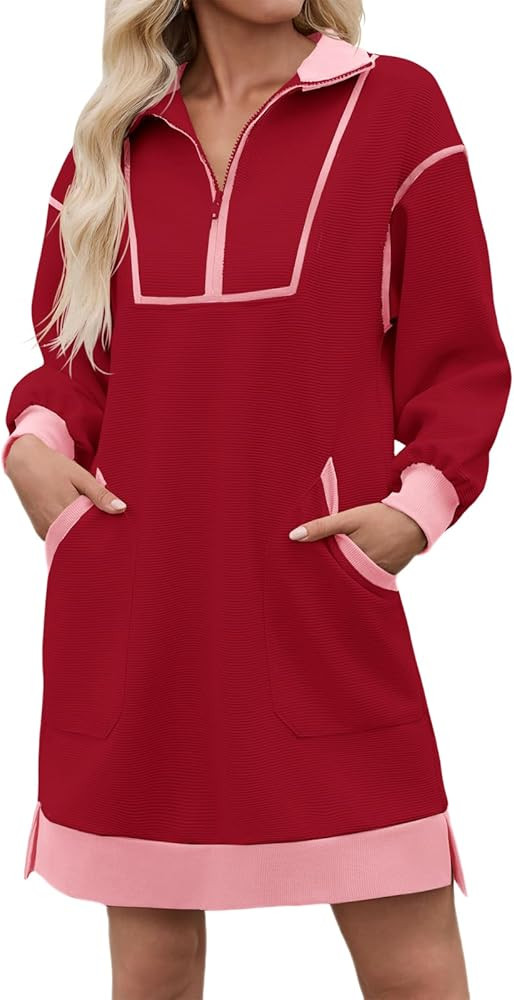 Wenrine Women's Oversized Sweatshirt Dress Half Zip V Neck Long Sleeve Contrast Fall Casual Mini ... | Amazon (US)
