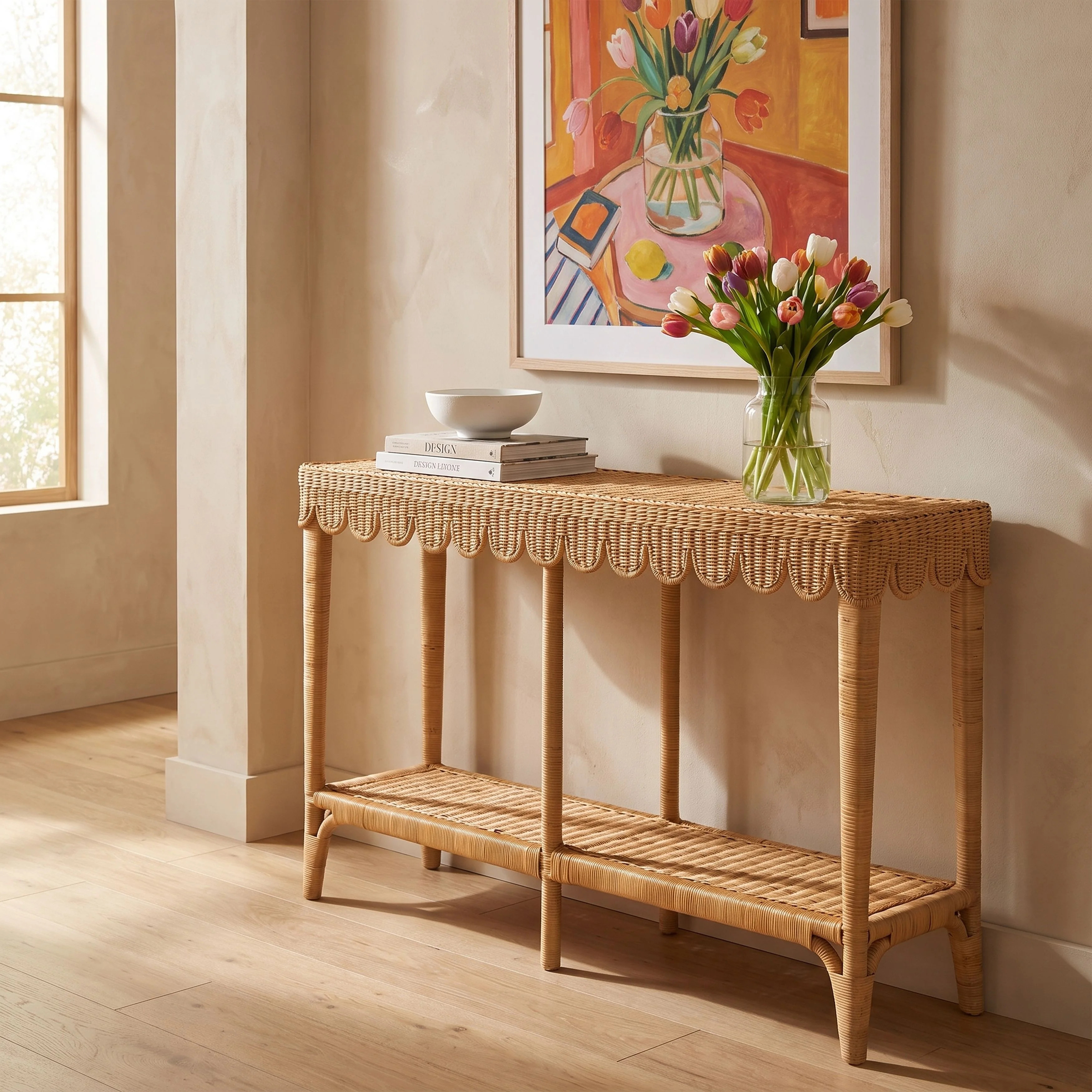 Hand-Woven Rattan Scalloped Console Table with Shelf | Wayfair North America