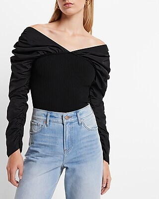 Off The Shoulder Ruched Sleeve Sweater Thong Bodysuit | Express