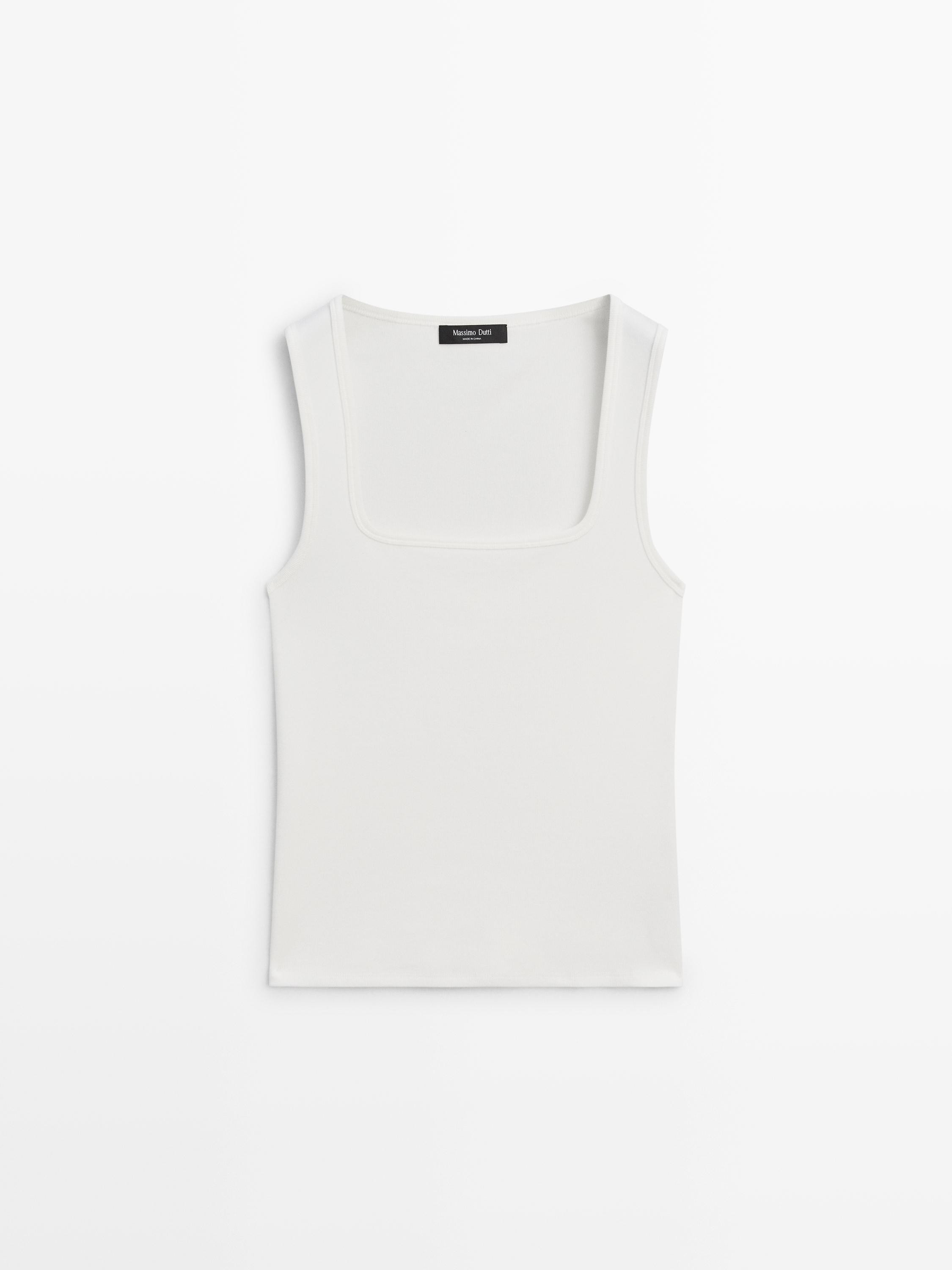 Sleeveless top with square neckline \u00b7 Off White, Brown \u00b7 T-shirt | | Massimo Dutti UK