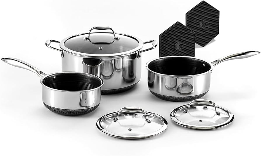 HexClad Hybrid Nonstick 6-Piece Pot Set with Trivets, 2, 3, and 8-Quart Pots with Tempered Glass ... | Amazon (US)
