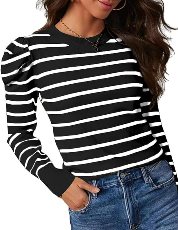 UNCLECAT Women's Striped Sweater Trendy Lightweight Sweaters Puff Long Sleeve Tops Casual Knit Pu... | Amazon (US)